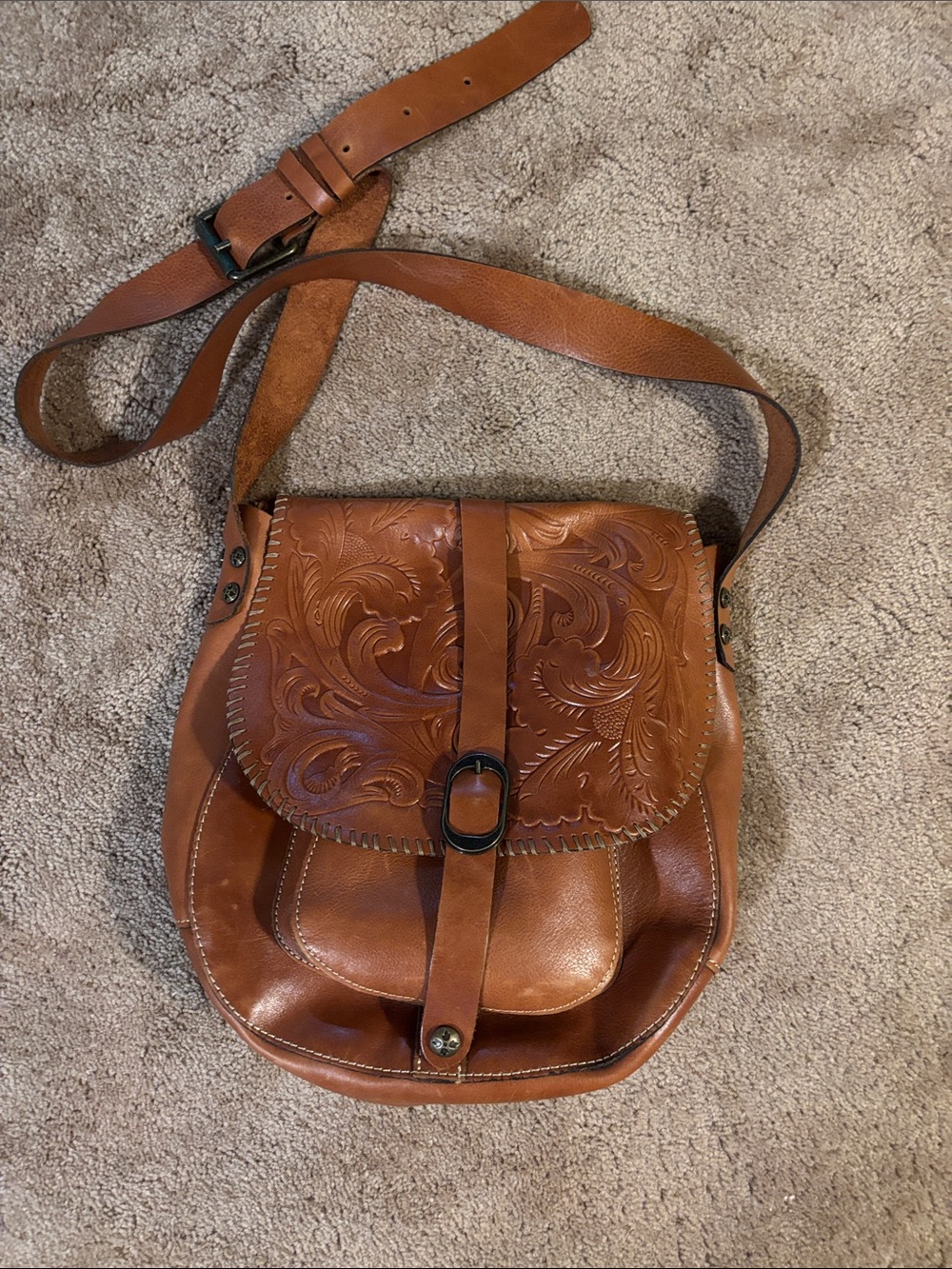 Patricia Nash Embossed Floral Leather Crossbody Shoulder Bag in Brown